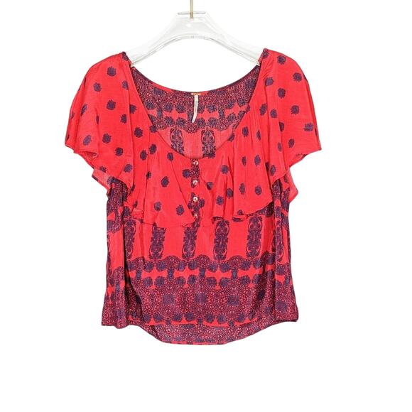 Free People Red Ruffle Neck Blouse Buttons Short Flutter Sleeve Size S - Picture 1 of 7